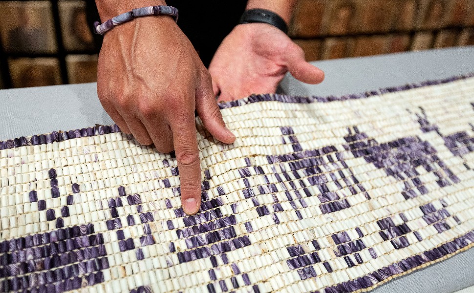 Close up of Wampum belt and intricate beadwork